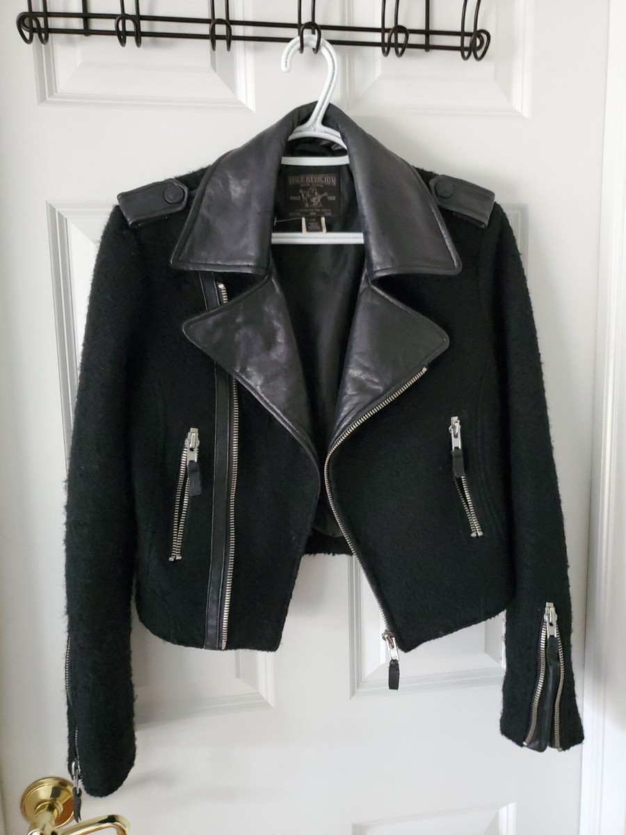True Religion Black Wool Blend Lamb Leather Trim Moto Jacket Size S