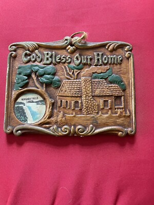 Vintage Ceramic Wall Plaque, Niagara Falls, God Bless Our Home , Japan 6.5x5 