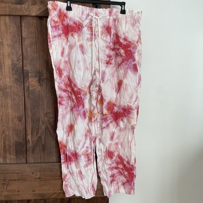 NEW Ann Taylor Easy Straight Pants XL Pink Tie Dye Palazzo Beachy Drawstring