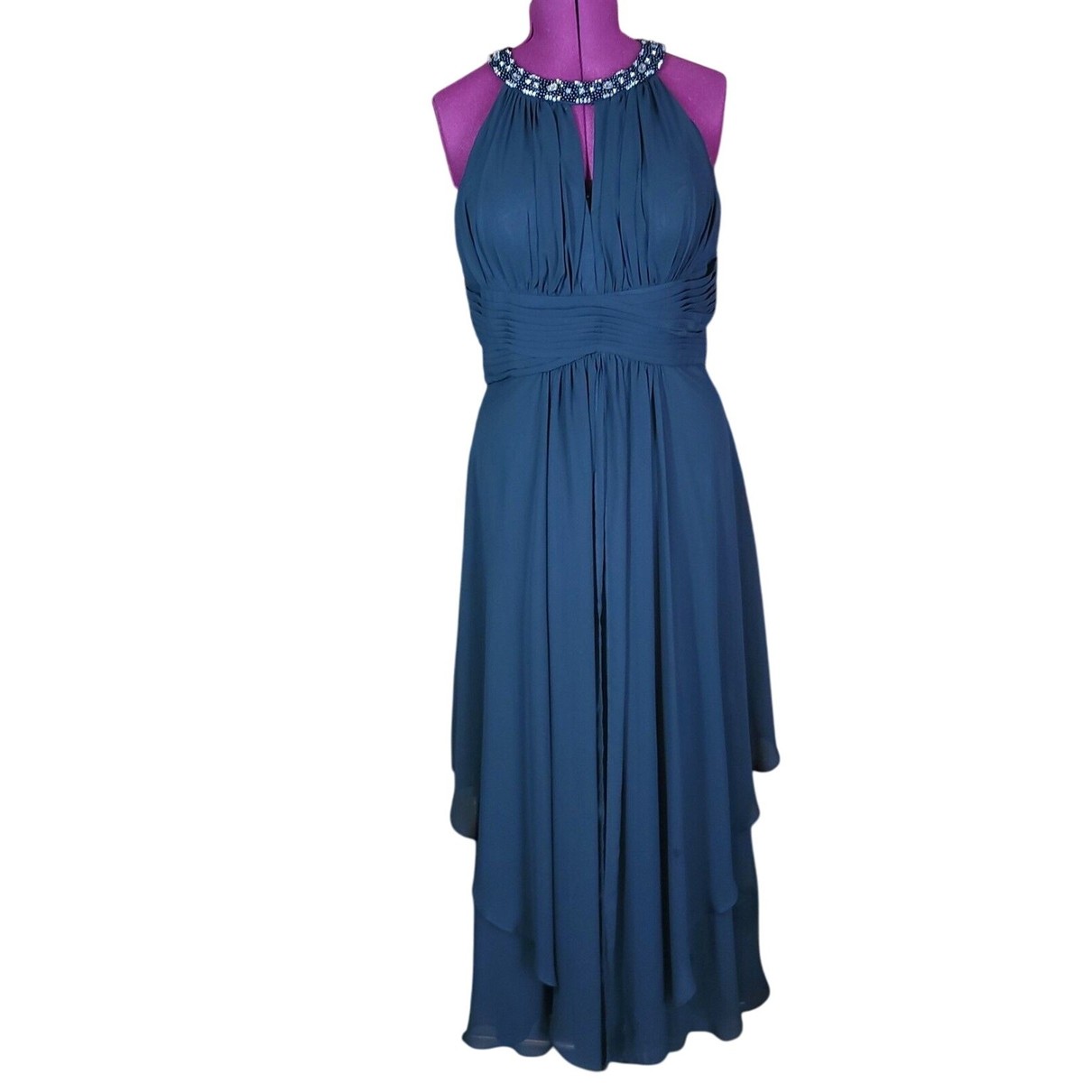 Eliza J Formal Key Hole Beaded Collar Flowy Draped Maxi Dress Women Size 14