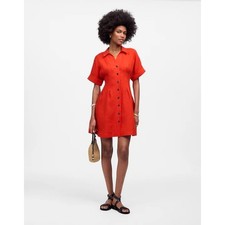 Madewell Pleated Mini Shirtdress in 100% Linen Bright Flame Orange Red XXS NWT