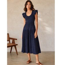 NEW ULLA JOHNSON Midi Dress 8 Virginia Pleated Tiered Skirt Ribbed Knit Top Blue