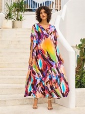 NWT Bohemian Printed V-neck Batwing Sleeve Long Robe Caftan Summer Beach Dress