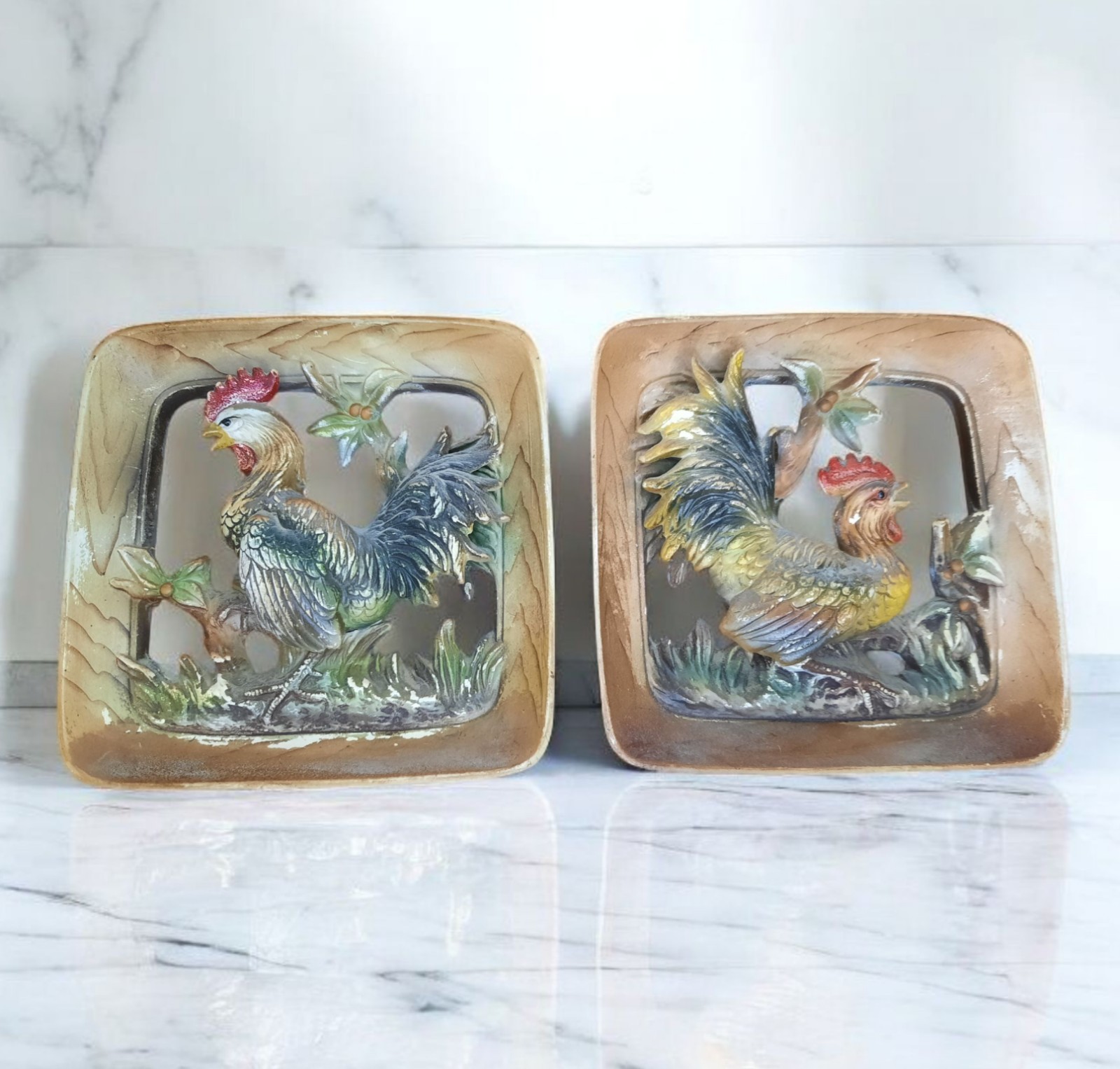Vintage Wall Art Rooster Plaques Cottage Core Set/ 2 Napcoware Chalkware C-6614