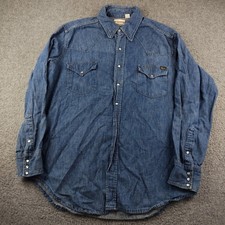VTG 70s Sears Roebucks Western Wear Denim Pearl Snap Shirt Blue XL 17-17.5 Mens