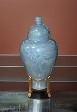 Vtg 16” Temple Ginger Jar w/Brass Stand-Light Blue & Iridescent - Ceramic - GUC