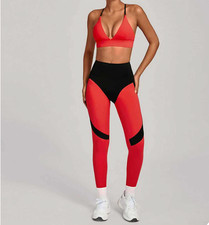 Women Color Block Gym Set High Waist Leggings Sports Bra Size L