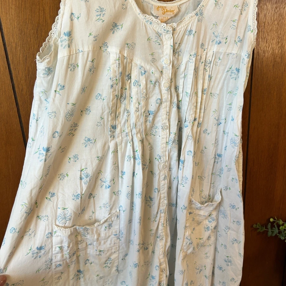Camisón Vestido Vintage Elise Stevens Blanco Azul Estampado Floral Algodón Bolsillos L Foto 2 de 4