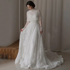 Pearls Lace White High Neck Wedding Dresses A-Line Full Sleeves Bridal Gowns