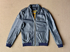Superdry Mens Genuine Leather Jacket Size Large L Navy Blue Bomber Biker