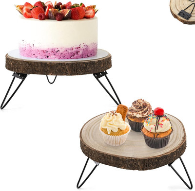 2 Pack 10'' Wood Cake Stand, Wooden Cupcake Pedestal, Paulownia Wood Slice Stand 