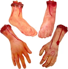 4 Pieces Fake Human Severed Hands Feet Set Scary Bloody Broken Body Parts Hallow