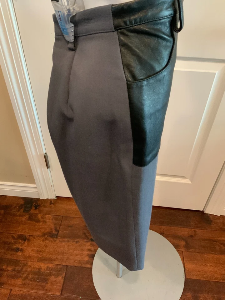 Falda lápiz gris Jean Paul Gaultier mujer con panel de cuero negro, talla 6 Foto 3 de 4