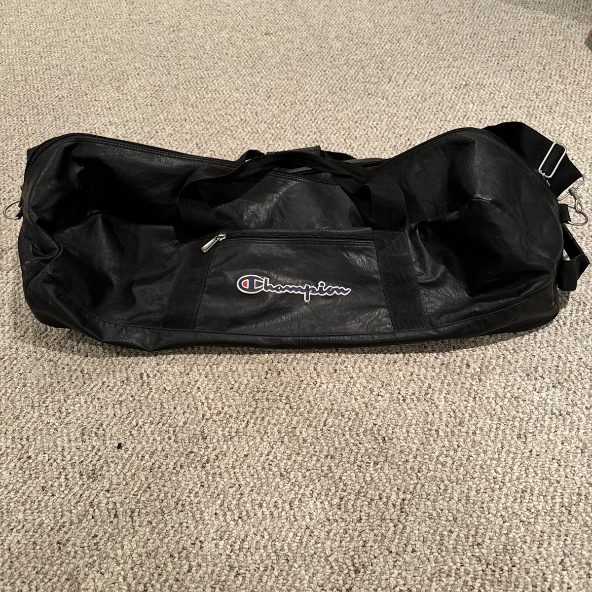 Vintage 90s Champion Leather Duffel Bag Black Soft Zipper