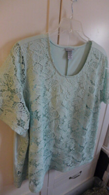Top Blouse Plus 2X Seafoam Lt Green Lace SS Dressy Layers Catherines Pastel 3X