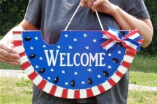 18" AMERICANA Welcome WATERMELON SIGN Door Hanger Plaque USA PATRIOTIC Holiday