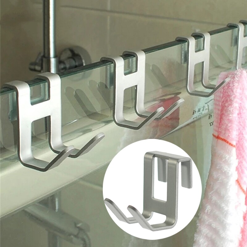 H Shape Door Hooks Space Aluminum Glass Free Hole Hanger Shower Towel Rack Key H