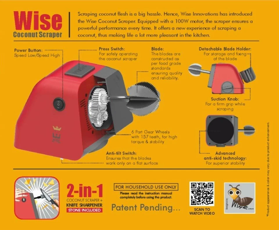 WISE Electric Coconut Scraper 100W Knife Sharpener 2 Speed Powerful Motor Vacuum - Image 3 of 4