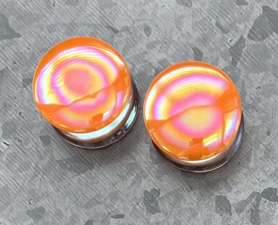 PAIR Creamsicle Orange Pearl Pyrex Glass Double Flare Plugs Gauges Body Jewelry  - Image 3 of 4