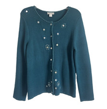 Alfred Dunner Sweater Floral Teal Grandma Size M Cardigan Vintage 90s Sequins