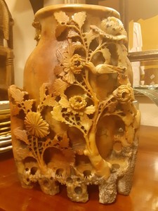 Soapstone Carving, Antique Soapstone Carving, Vase, Flowers, Bird 11.5"