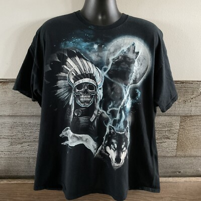 Gildan Indian Warrior Skeleton Wolf Howling At The Moon T-Shirt Men's 2XL (P1)