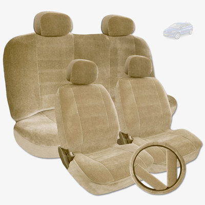 Premium Grade Beige Velour Fabric Car Seat Steering Covers Full Set for Mazda