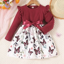 Girls Dress Long Sleeve Knee Length Butterfly Print With Matching Colored Bow