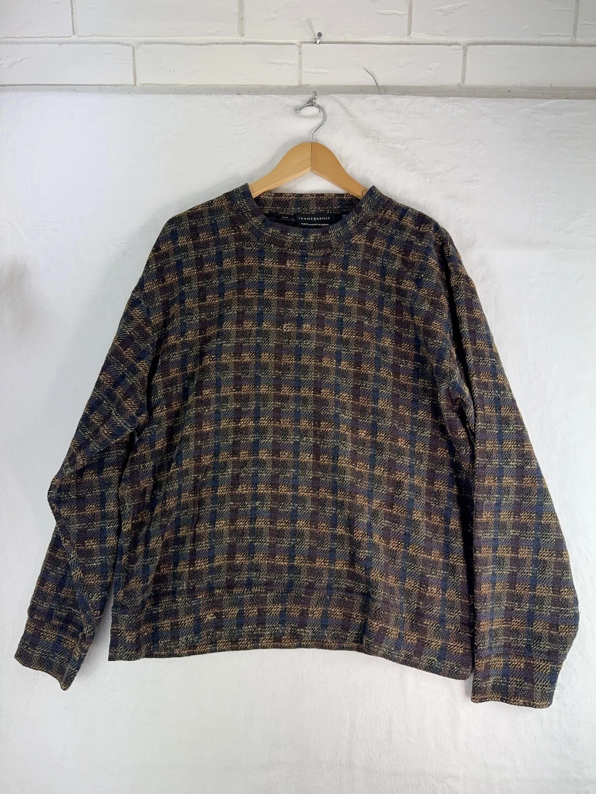 Jhane Barnes Sweater Mens Medium Brown Blue Wool Blend Plaid Crewneck Pullover