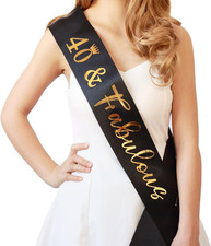 40Th Birthday Sash for Women and Men 40 Fabulous Sash Black with Gold Foil Lette