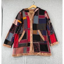 L Patchwork Fleece Hooded Jacket Boho Sherpa Trim Button Coat