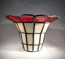 Vintage Tiffany Style Stained Glass Lamp Shade - Red & Cream Geometric - 8" Wide
