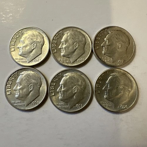 Estate Find Lot Of Six Roosevelt Dimes, 1947P, 48P 49P, 50P, 51P & 56D Unc-AU
