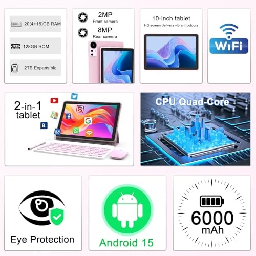 Android 15 Tablet 10 Inch, 20GB RAM+128GB ROM/2TB Expandable, 2 in