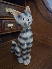 Ceramic Gray and Black Striped Tabby Cat