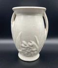 Vintage 1930s McCoy Matte White 8” Urn Vase Double Handle flowers and Leaves