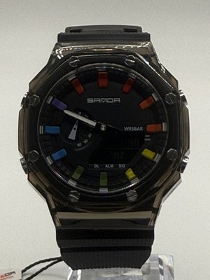 SANDA Analog-Digital Quartz Sport Watch 50m WR Black Plastic Case Rubber Strap