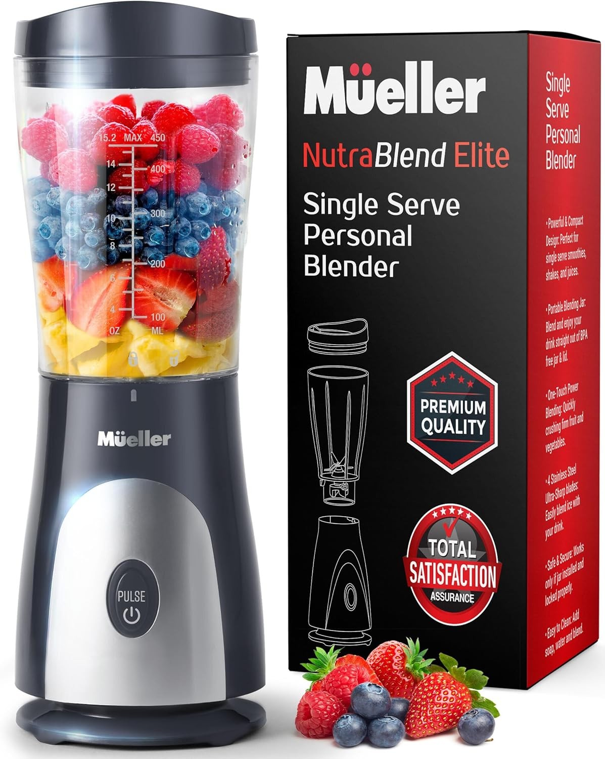 Mueller Personal Blender for Shakes and Smoothies with 15 Oz Travel Cup Gray 