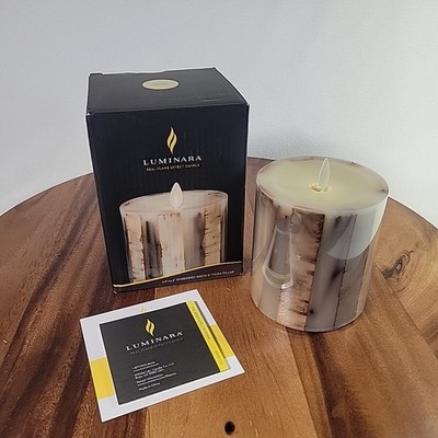 Luminara Flameless Battery Led Ivory Pillar Candle w/Textured Birch Bark 3.5''x5''