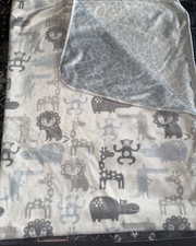 SL Home Jungle Zoo Animals Gray Blue Reversible Baby Blanket Soft