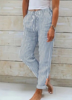 Fashion Striped Cotton Linen Elastic-waist Trousers Decorative Buckle Casual Pan