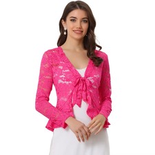 INSPIRE CHIC Women Tie Front Ruffled Hem Floral Lace Sheer Crop Bolero