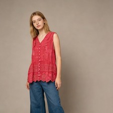 JOHNNY WAS Embroidered Floral Sleeveless Eyelet Tank Blouse Pink Sz M