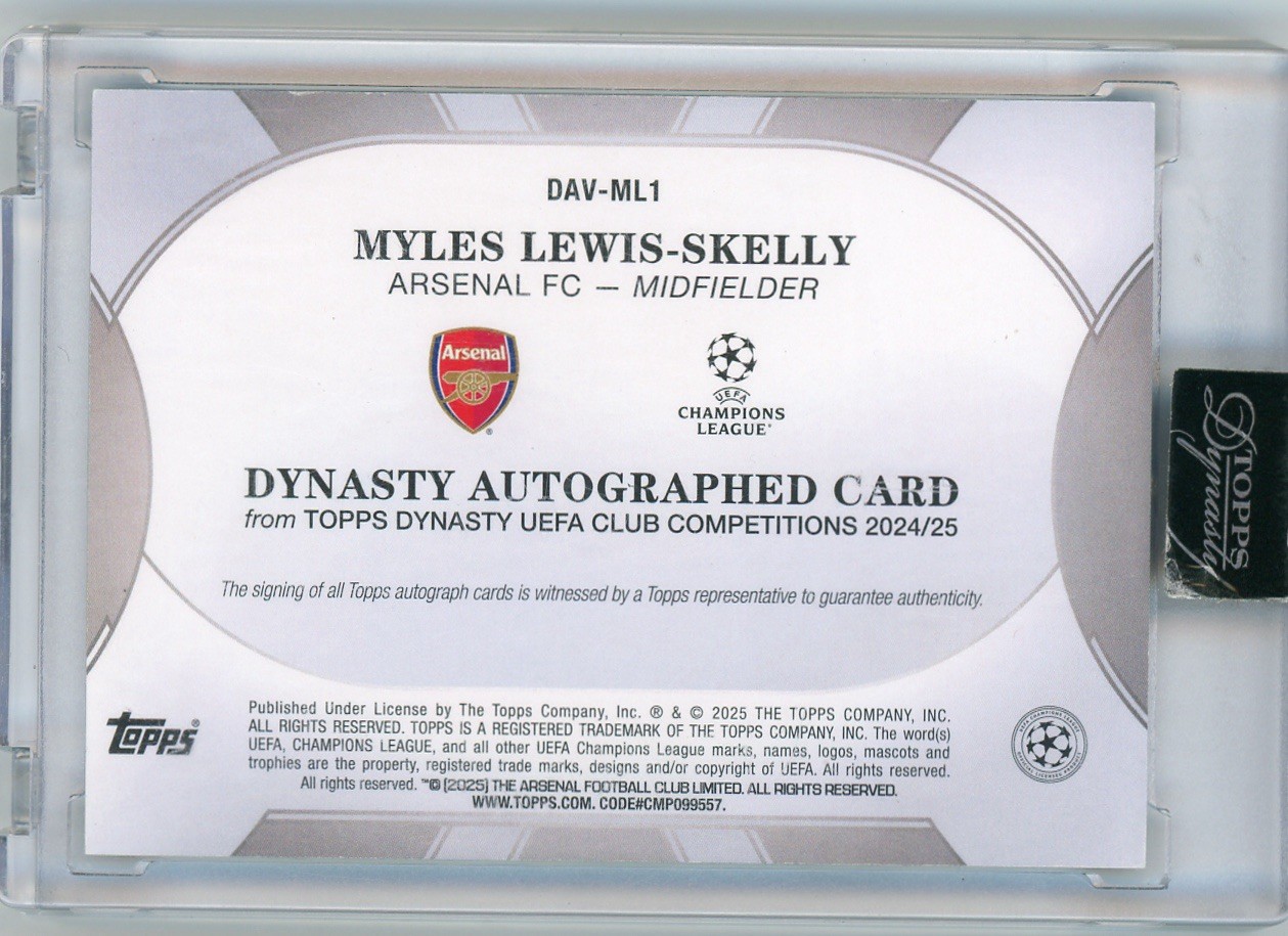 Myles Lewis-Skelly 2024-25 Topps Dynasty UEFA  On Card Rookie Auto True 1/1 RC view 2