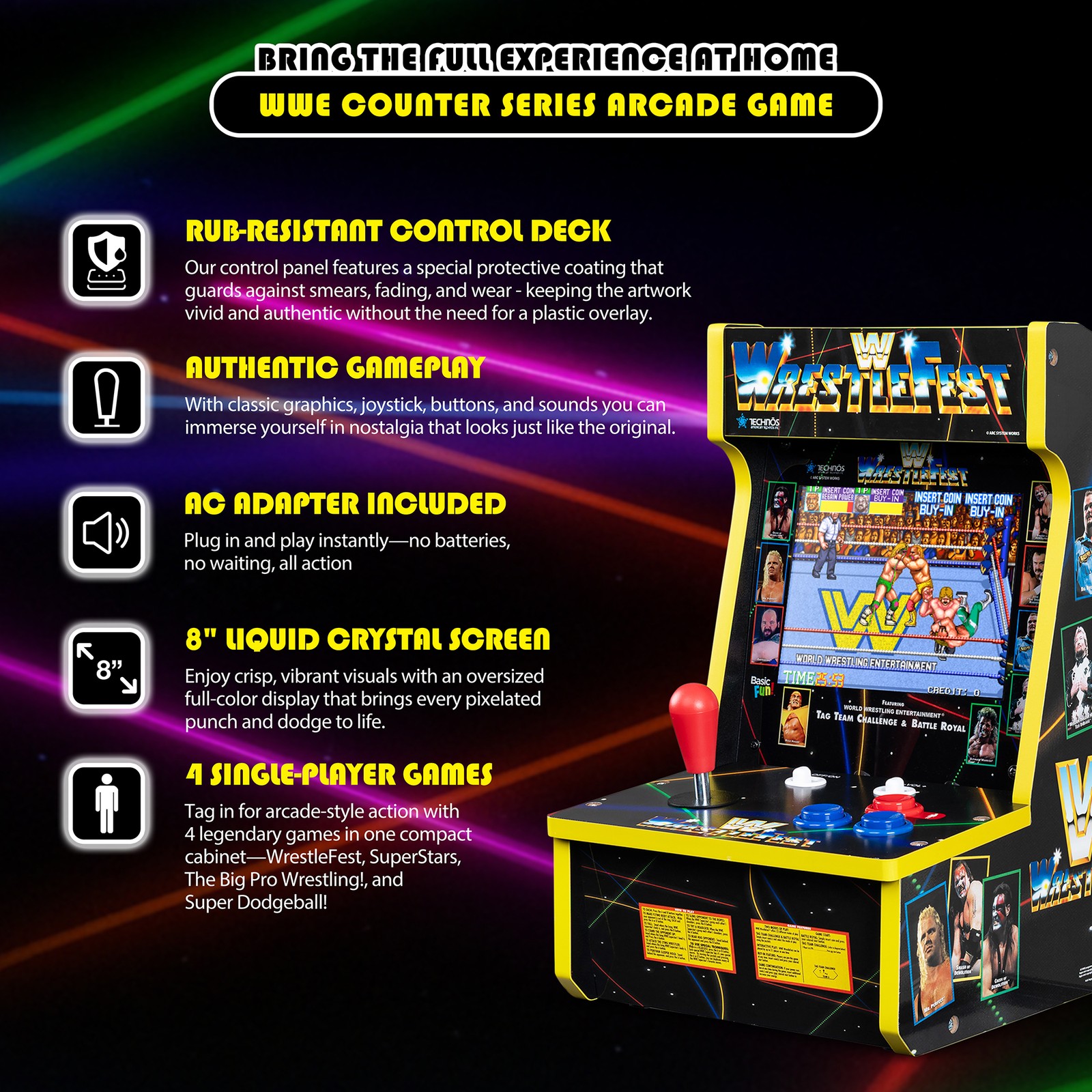 Juego de arcade clásicos WWE serie counter con pantalla de cristal líquido de 8" y 4 juegos, imagen 3
