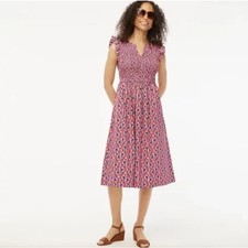 J. CREW Smocked Flutter Sleeve Midi Dress Mauve Pink Floral Sz L $128 {QQ43}