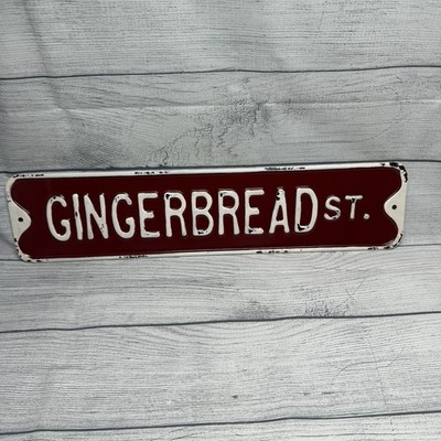 Retro Aged RED GINGERBREAD STREET SIGN Metal Hanging 19 3/4'' Reproduction
