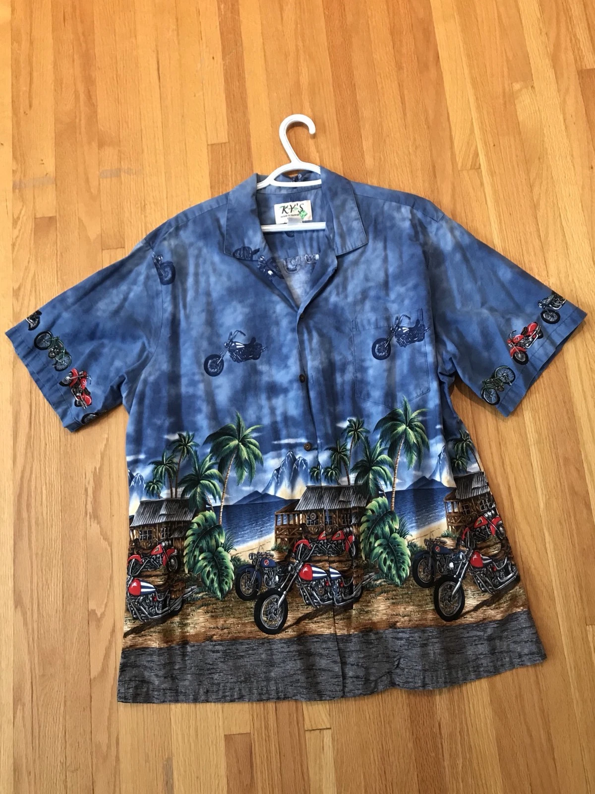 Ky’s Hawaiian Shirt Motorcycle Made In Hawaii USA Large L Blue Palm Tree Beach