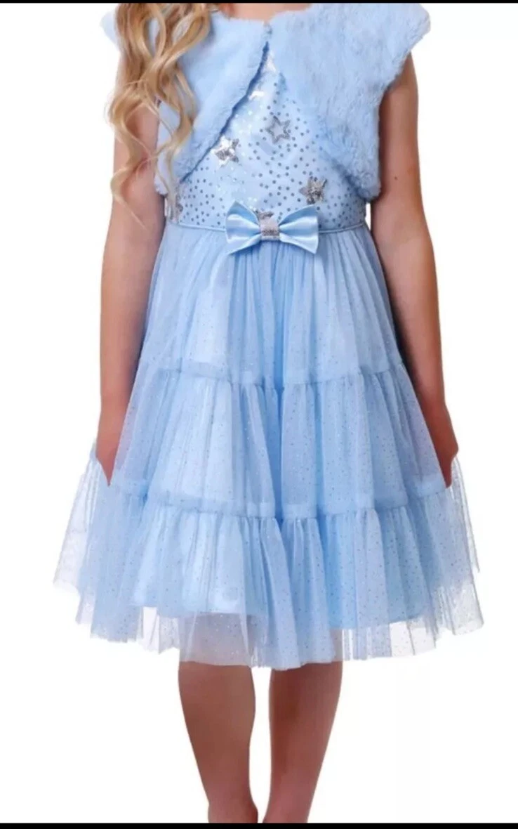 Jona Michelle Girls Sparkling Sequin Star Dress With Fur Jacket Blue Size 12 NWT