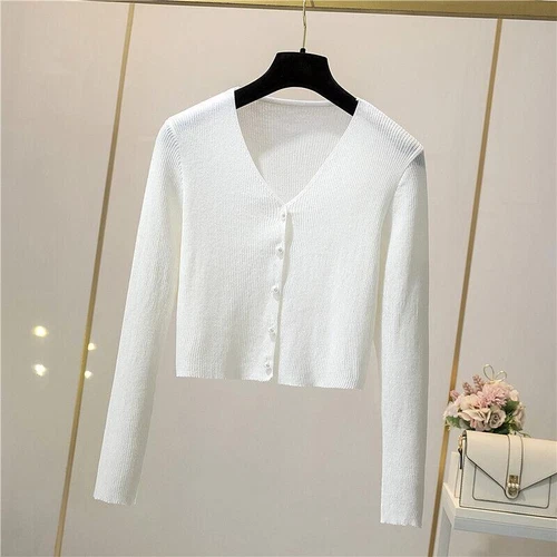 Damen Eis Seide Strick Sommer Shirt V-Ausschnitt Knopf Kurz Pullover Slim Fit Cardigan - Bild 14 von 25